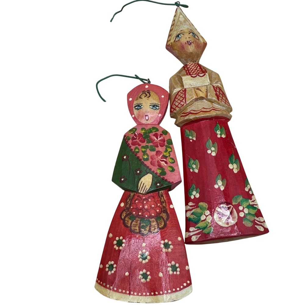 Vintage Hand Painted Russian Folk Art Wooden Ornaments Set of 2 Red Floral